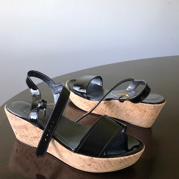 Glossy blk Stuart Weitzman 9.5M Open Toe Platforms - Picture 6 of 8